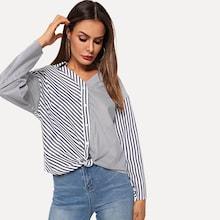 Shein Color Block Twist Hem Striped Blouse