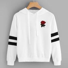 Shein Rose Patched Striped Sleeve Drawstring Hoodie