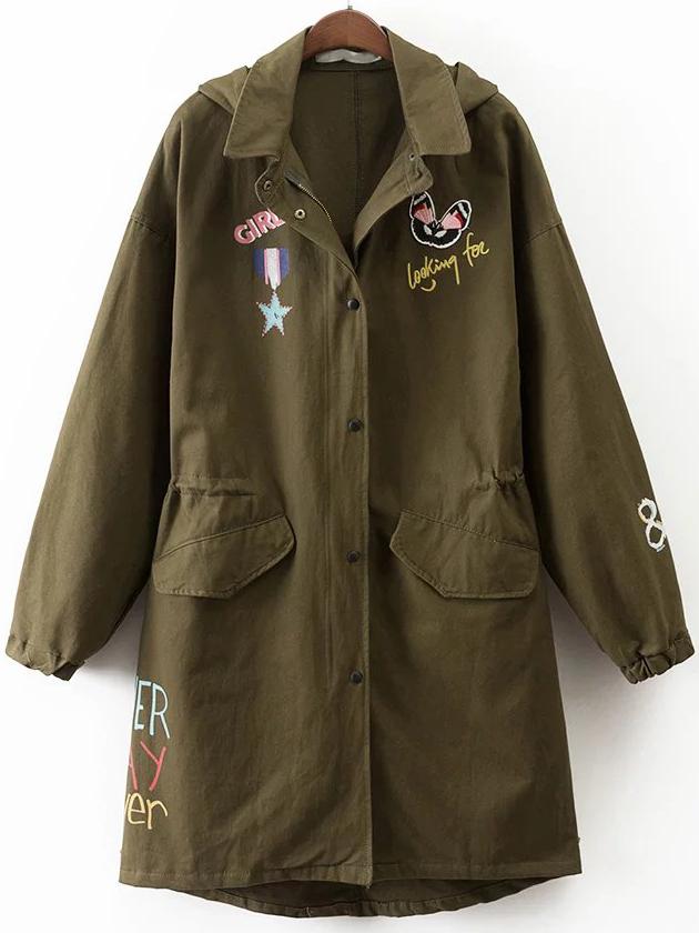 Shein Army Green Embroidery Drawstring Dip Hem Hooded Coat