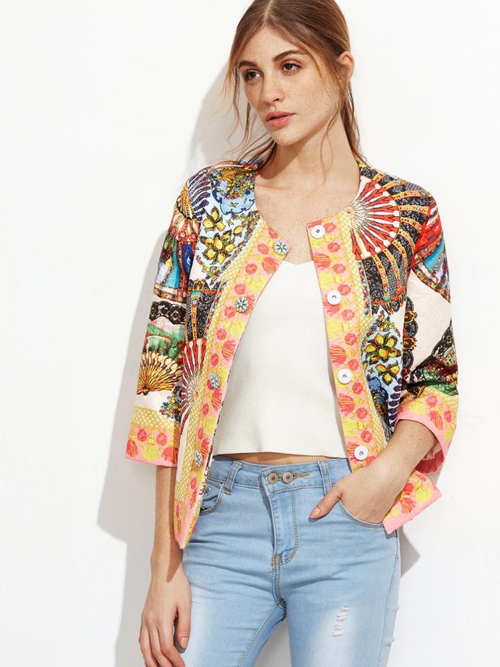 Shein Multicolor Folding Fan Print Collarless Jacquard Blazer