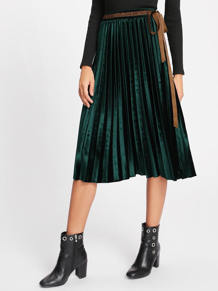 Shein Ribbon Tie Waist Pleated Velvet Skirt