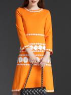 Shein Orange Round Neck Long Sleeve Patch Embroidered Dress