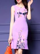 Shein Purple V Neck Flowers Embroidered Frill Dress