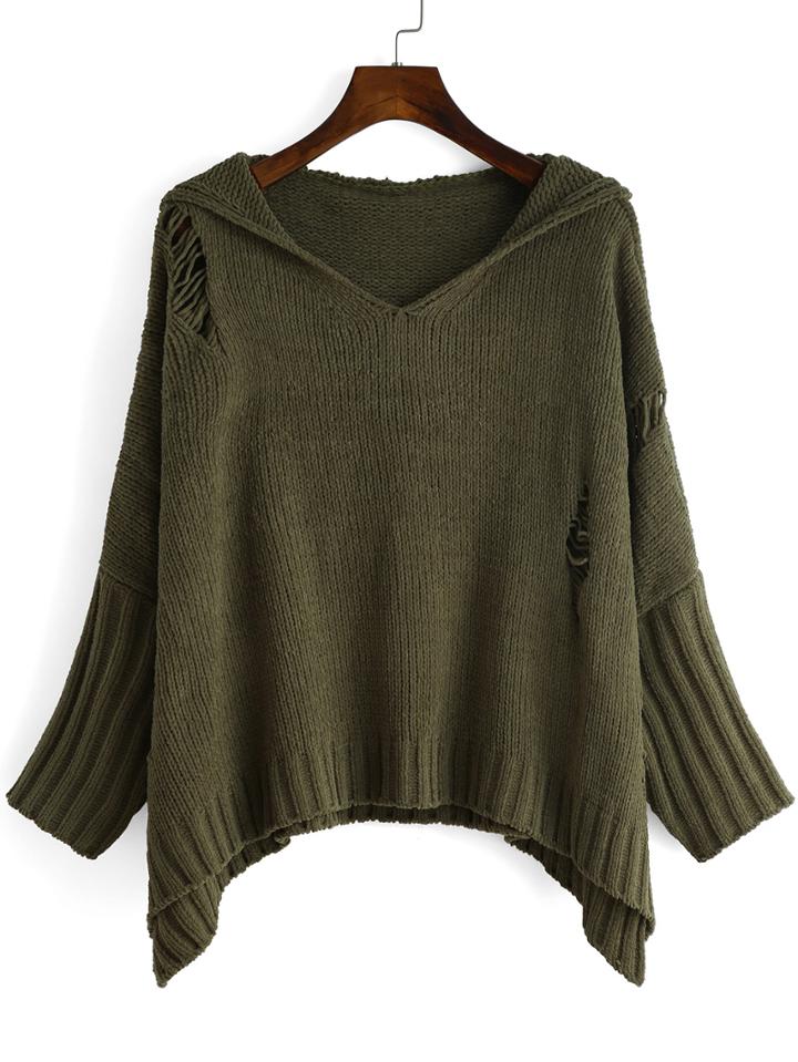 Shein Army Green Hooded Batwing Ripped Sweater