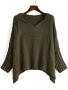 Shein Army Green Hooded Batwing Ripped Sweater