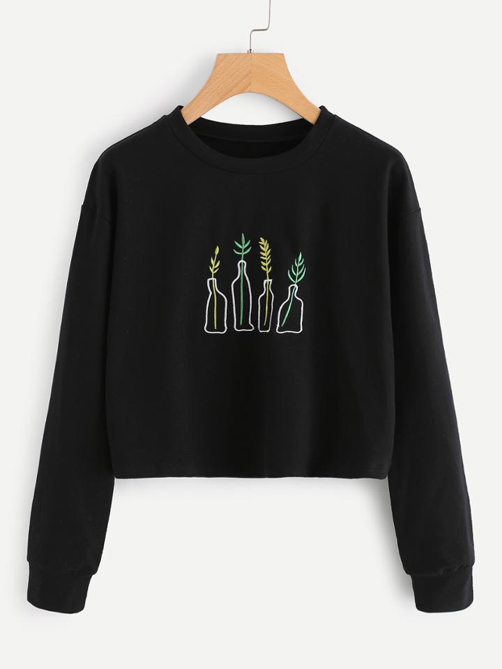 Shein Plant Embroidered Crop Pullover