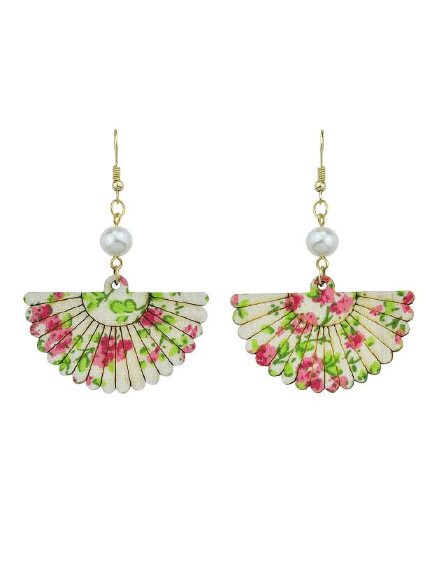 Shein Red Wood Sector Pattern With Simulated-pearl Drop Earrings
