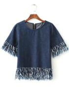 Shein Blue Short Sleeve Zipper Back Fringe Trim Denim Blouse