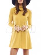 Shein Yellow Lemon Long Sleeve Mock Neck Allure Decent Casual Dress
