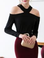 Shein Black Cold Shoulder Long Sleeve T-shirt