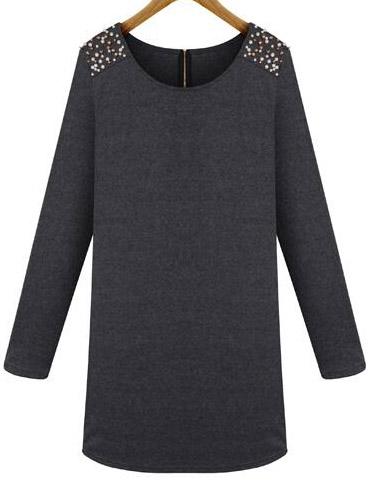 Shein Grey Round Neck Bead Loose Dress