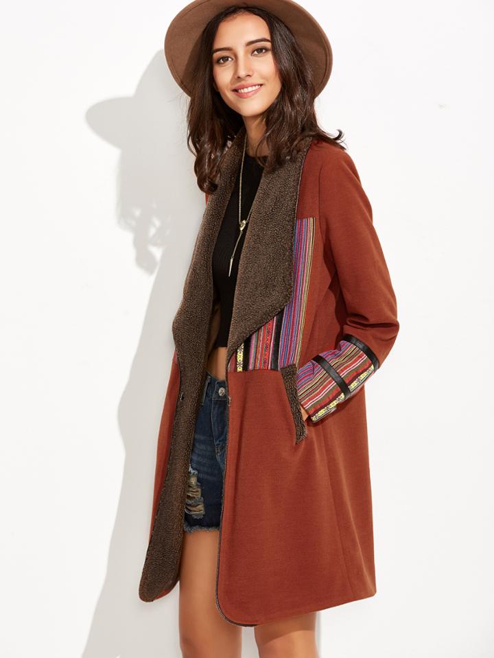 Shein Brown Faux Shearling Collar Coat With Striped Patch Detail