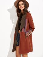 Shein Brown Faux Shearling Collar Coat With Striped Patch Detail