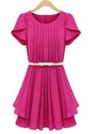 Rosewe Chic Round Neck Petal Sleeve Pleated Dress With Belt