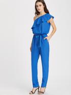 Shein Frill One Shoulder Self Belted Peg Jumpsuit