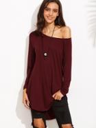 Shein Burgundy Raglan Sleeve Curved Hem High Low T-shirt