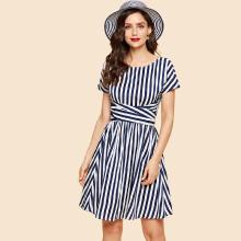 Shein Zip Back Belted Striped Print Dress