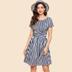 Shein Zip Back Belted Striped Print Dress