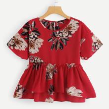 Shein Floral Print Keyhole Back Frill Hem Babydoll Blouse