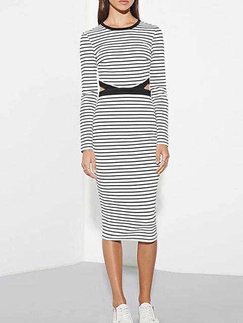Shein Black White Round Neck Striped Hollow Dress