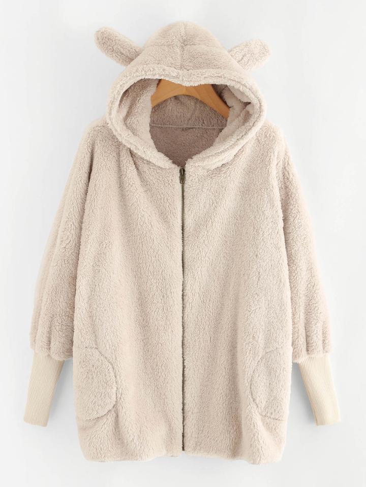 Shein Ear Detail Faux Fleece Hooded Coat