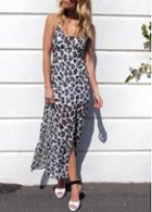 Rosewe High Side Slit Leopard Print Chiffon Maxi Dress