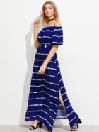 Shein Shirred Back Side Slit Tie Dye Striped Bardot Dress