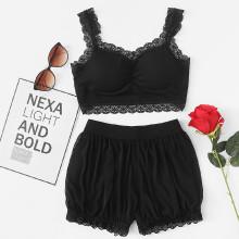 Shein Lace Contrast Top & Shorts Pj Set