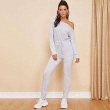 Shein Waist Drawstring Asymmetrical Neck Jumpsuit