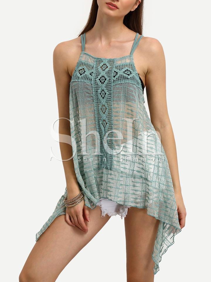 Shein Green Sheer Crochet Hollow Out Asymmetrical Cami Top