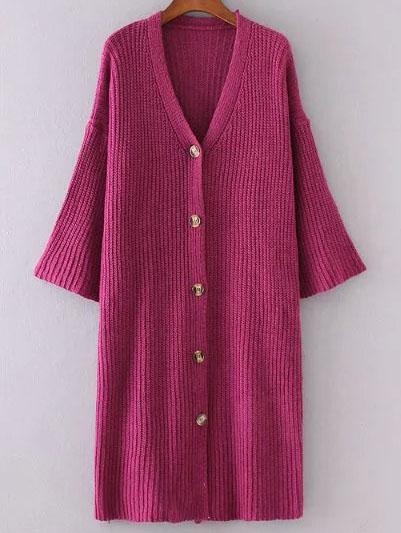 Shein Red V Neck Drop Shoulder Single Breasted Long Sweater Coat