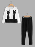 Shein Cat Print Top And Pants Pajama Set