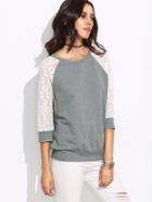 Shein Heather Grey Contrast Lace Raglan Sleeve Cutout Sweatshirt