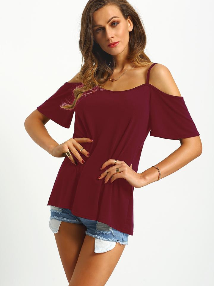 Shein Wine Red Cold Shoulder Tee