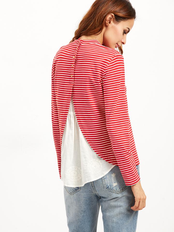 Shein Red Striped Contrast Eyelet Embroidered Trim T-shirt