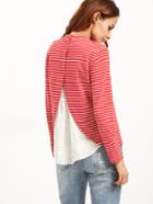 Shein Red Striped Contrast Eyelet Embroidered Trim T-shirt