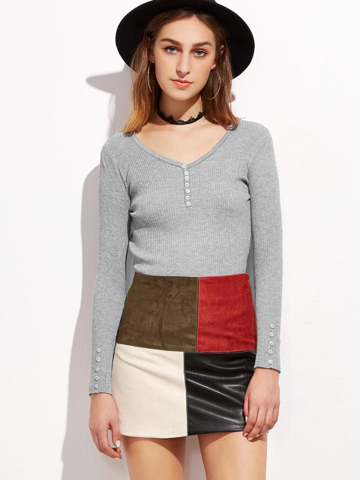 Shein Grey V Neck Buttons Ribbed T-shirt
