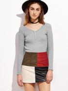 Shein Grey V Neck Buttons Ribbed T-shirt
