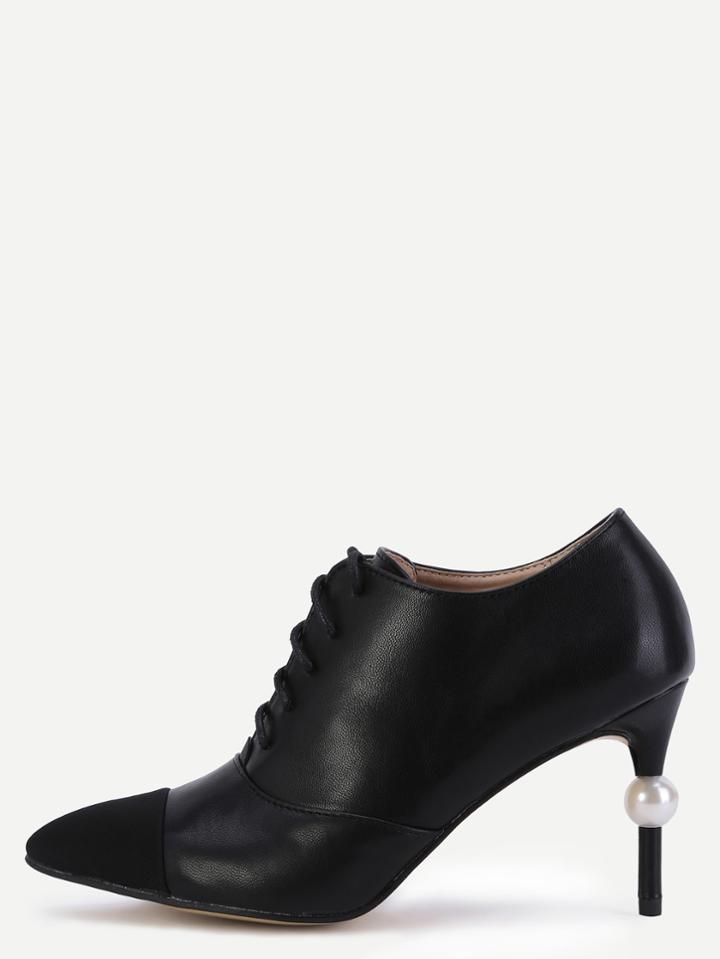 Shein Black Cap Toe Faux Pearl Lace Up Pumps