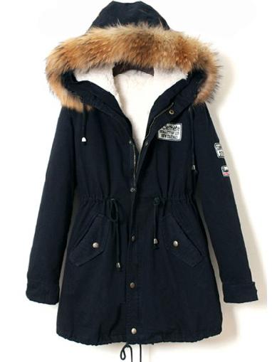 Shein Navy Faux Fur Trim Hooded Drawstring Parka
