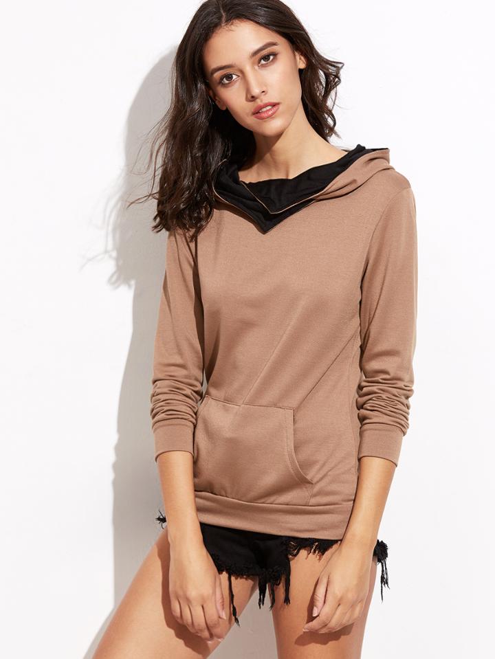 Shein Brown Pocket Hooded Sweatshirt