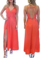 Rosewe Side Slit Orange V Neck Backless Maxi Dress