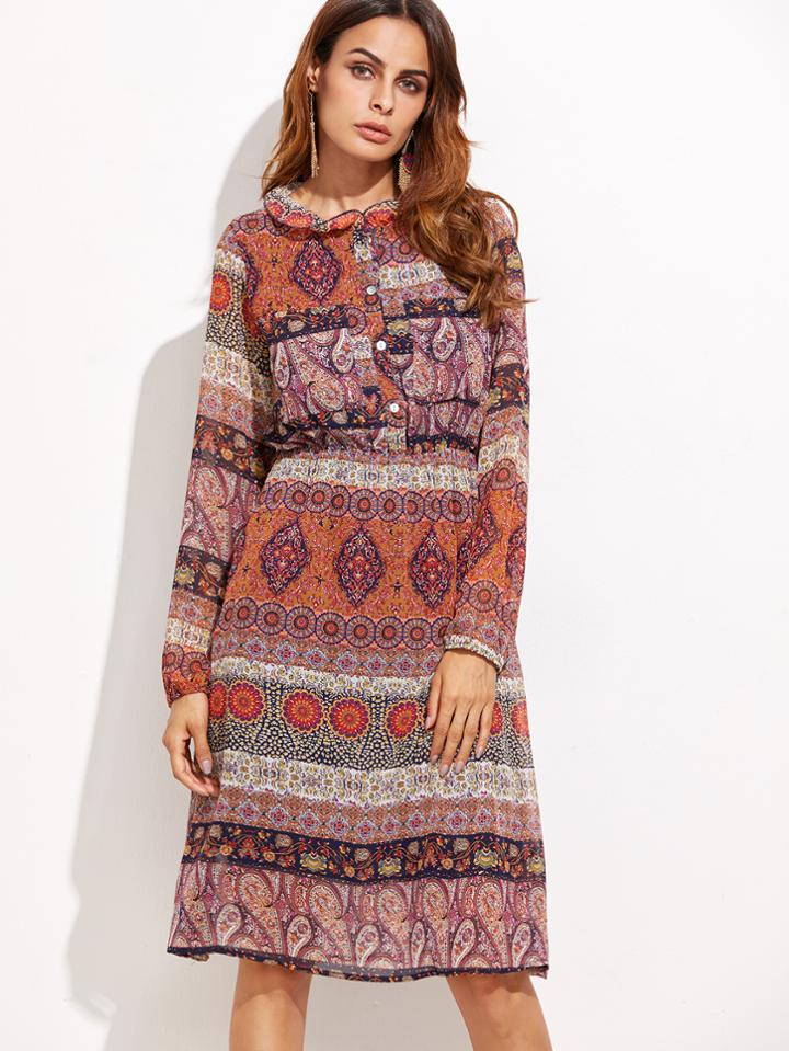 Shein Paisley Print Elastic Waist Chiffon Shirt Dress