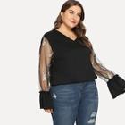 Shein Plus Embroidered Mesh Flounce Sleeve Top