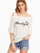 Shein White Letter Print Cold Shoulder Long T-shirt