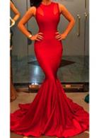Rosewe Mesh Splicing Red Floor Length Mermaid Dress