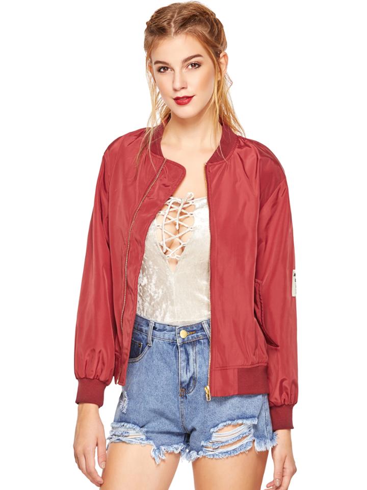 Shein Burgundy Stand Collar Pockets Bomber Jacket