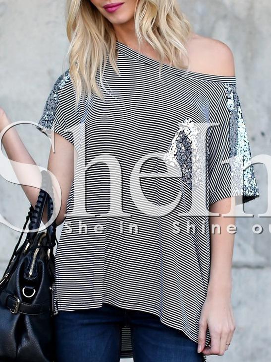 Shein Black Striped Sequined Pockets T-shirt