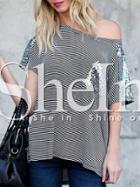 Shein Black Striped Sequined Pockets T-shirt