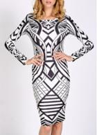 Rosewe Glamorous Print Design Long Sleeve Knee Length Dress